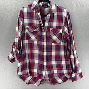 Sam Edelman Flannel Shirt Womens L Red Blue Plaid Split Back Tuxedo Tail Western